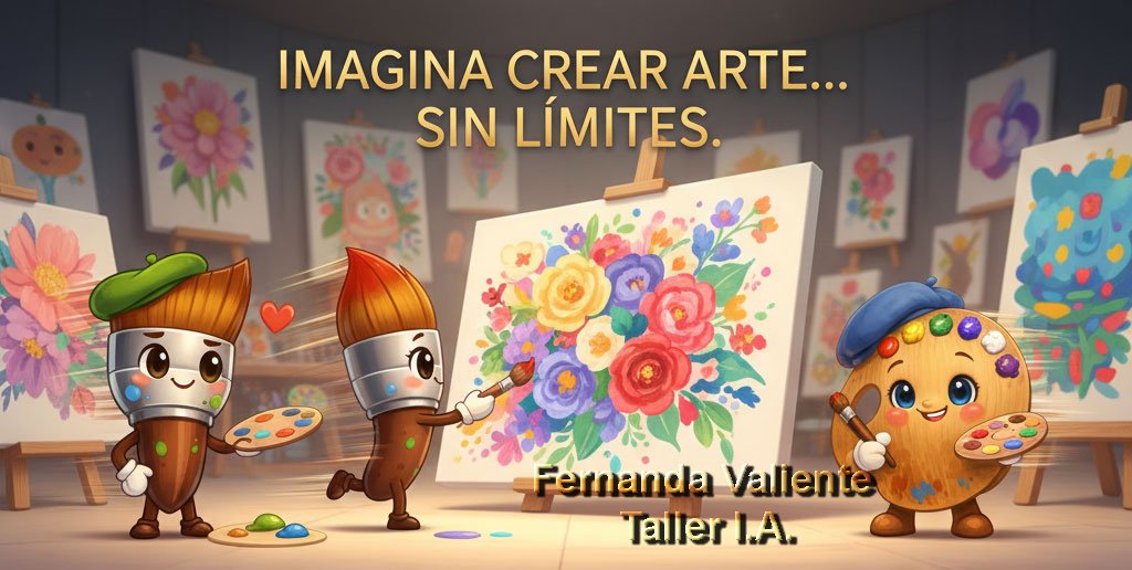 Taller de Inteligencia Artificial para Artistas - Fernanda Valiente. Personajes creativos pintando arte colorido sin límites.