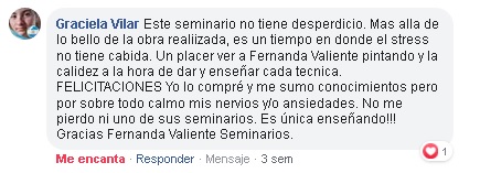 Graciela Vilar Este seminario no tiene desperdicio. Mas alla de lo bello de la obra realiizada, es un tiempo en donde el stress no tiene cabida. Un placer ver a Fernanda Valiente pintando y la calidez a la hora de dar y enseñar cada tecnica. FELICITACIONES Yo lo compré y me sumo conocimientos pero por sobre todo calmo mis nervios y/o ansiedades. No me pierdo ni uno de sus seminarios. Es única enseñando!!! Gracias Fernanda Valiente Seminarios.